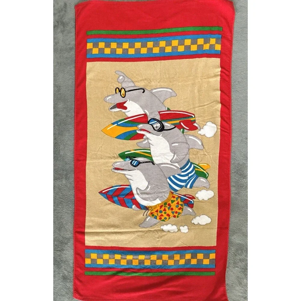 Seven Seas Shark Beach Pool Towel Vintage 30x60” Running Surfboard Checkerboard
